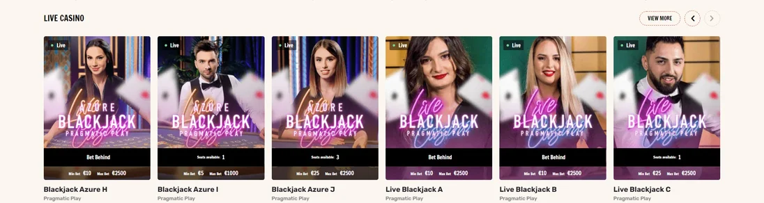 Selaa blackjack-pöytävalikoimaa livenä.